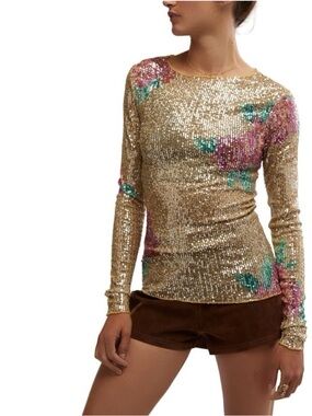 Free People Gold Sequin Long-Sleeve Top with Pink & Green Floral